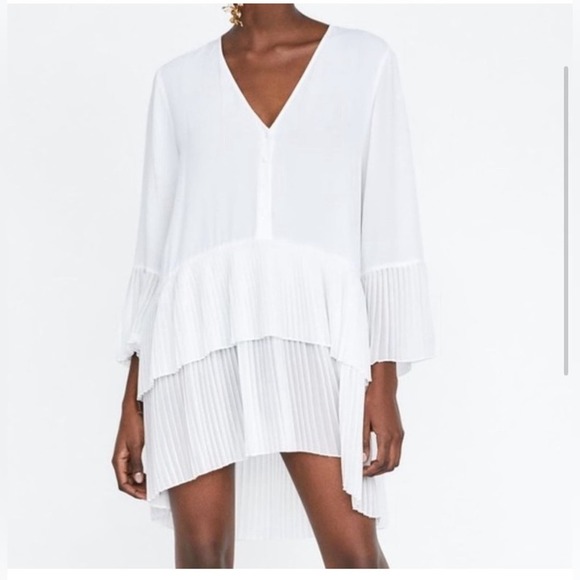 ZARA White PLEATED DRESS BLOUSE TUNIC Flowing V-neck blouse long sleeves - Picture 9 of 15